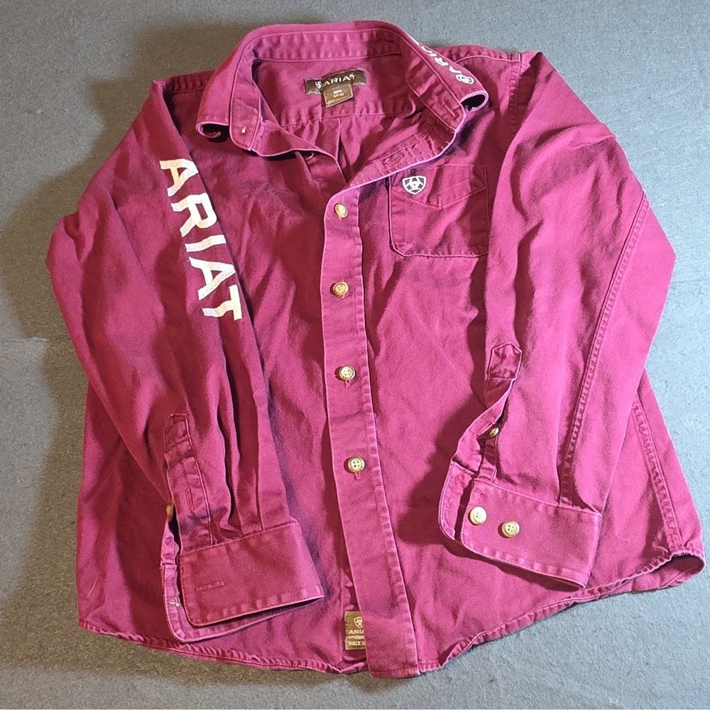 Ariat Boys S/P (8) Pink Cotton Button-Up Shirt Long Sleeve Pockets Logo